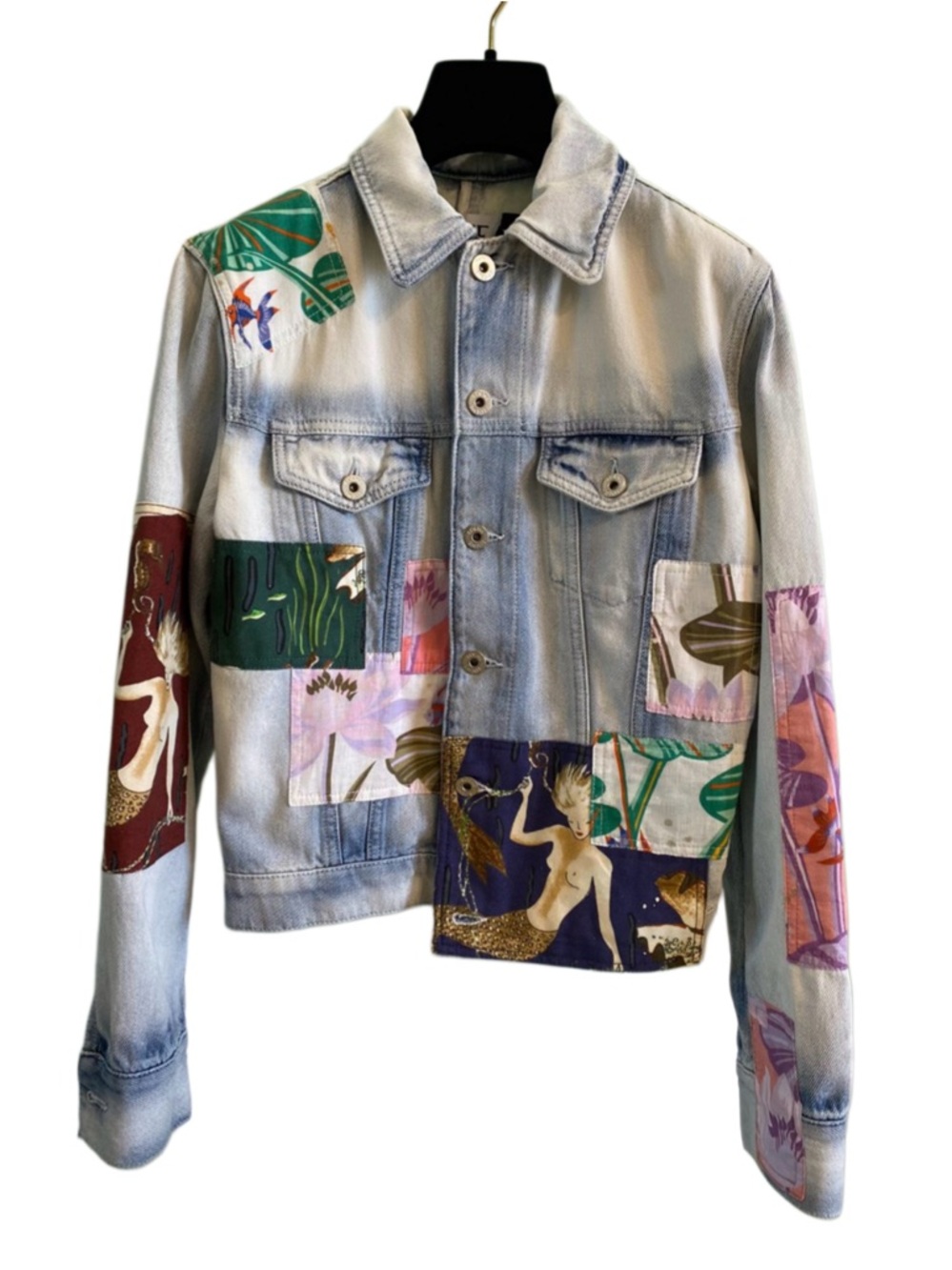 🚩steal Loewe Light Wash Denim Jacket with Multicolor Patch Panels
